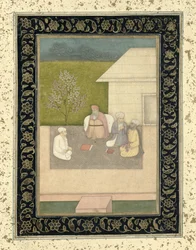 Vier muslimische heilige Männer meditieren vor einer Hütte, aus dem Großen Clive-Album